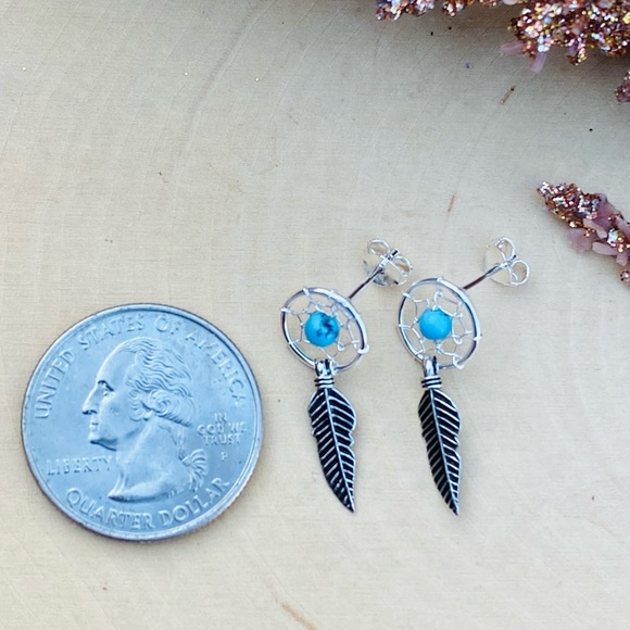 Dream Catcher Solid Sterling Silver Stud earrings bohemian style - Picture 3 of 8